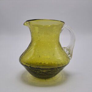 Pilgrim Green Crackle Glass Pitcher Clear Ribbed Applied Handle